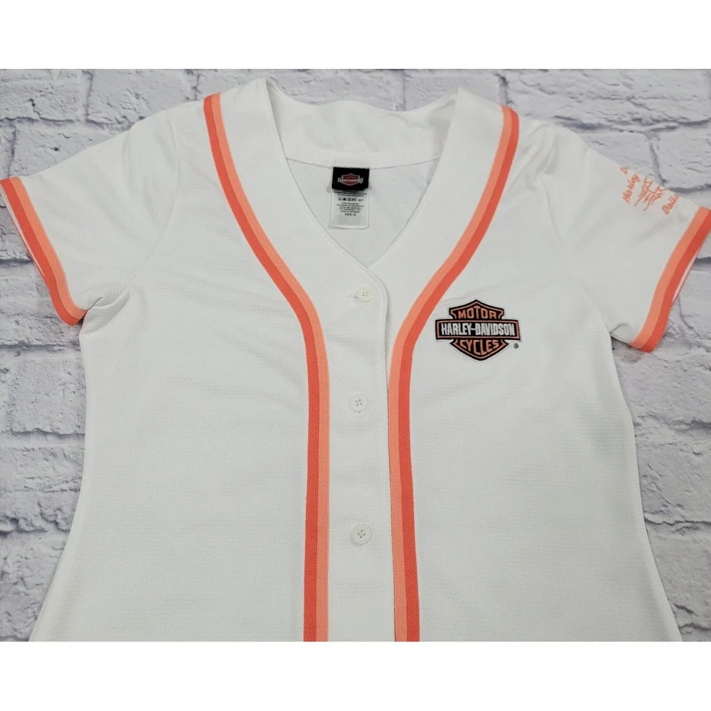 Harley Davidson Baseball T-Shirt Tee Stripe White Orange Dallas sz Medium Button - Picture 3 of 10